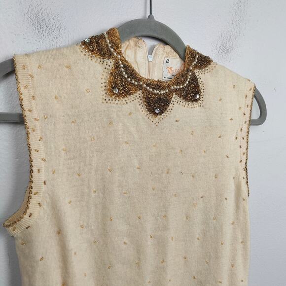 Vintage 1960s Marchessa Beaded Tank Top Womens Small 36 Cream Wool Angora FLAWED - Picture 2 of 10
